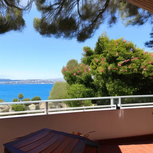 Beautiful sea view from a small balcony of an old building located in Nice, south of France. Should show a glass of red wine