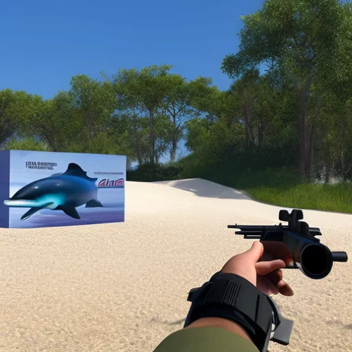 A 3d dolphin firing a gun at a shooting range
