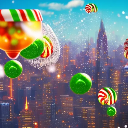 Soda raining down on a city make of candy