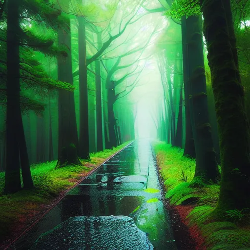 Anime style of rainy day in a forest