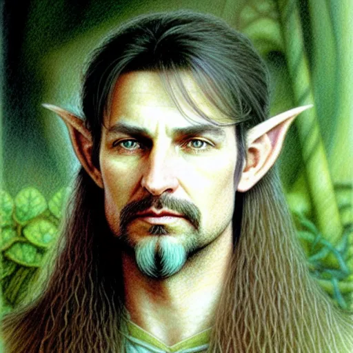 brian froud clean shaven water color pencil drawing wide set eyes, strong jaw, wide nose, sloped forehead, huge elf ears brian froud labyrinth fern vine twigs grass flowers heath