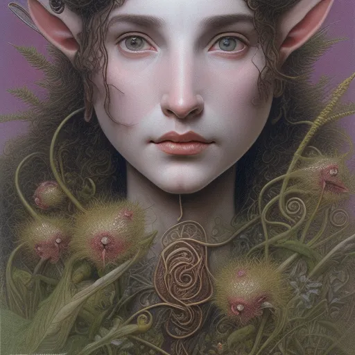 brian froud pencil drawing wide set eyes, strong jaw, wide nose, sloped forehead, huge elf ears brian froud labyrinth fern vine twigs grass flowers heath