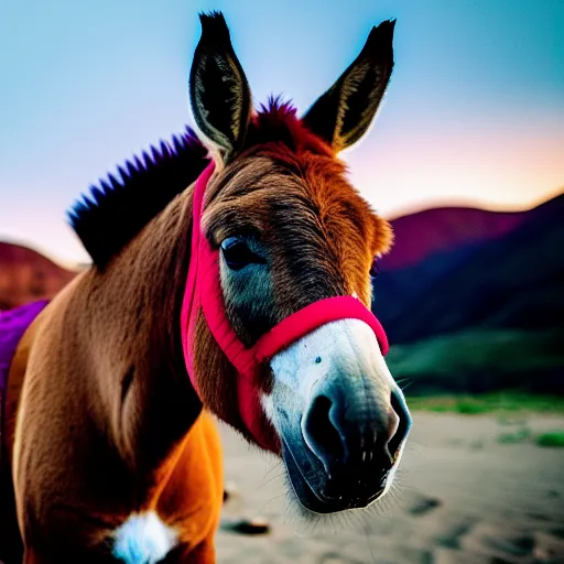 Make an image of a donkey whose color is half red and half green