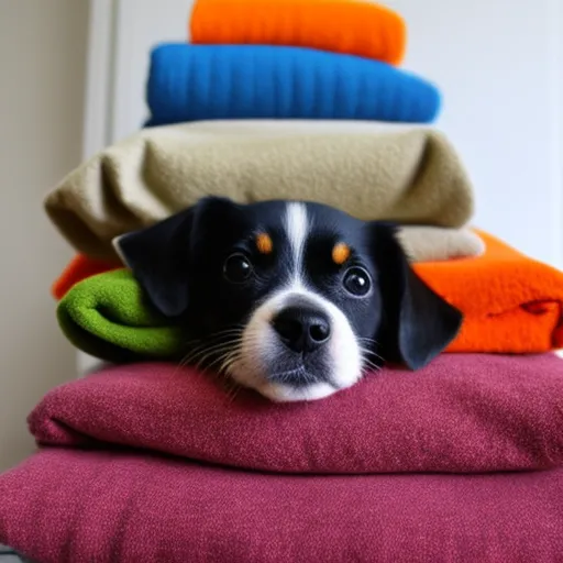 Tower of blankets with a small dog on top