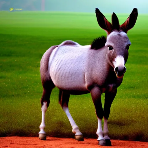 Make an image of a donkey whose color is half red and half green