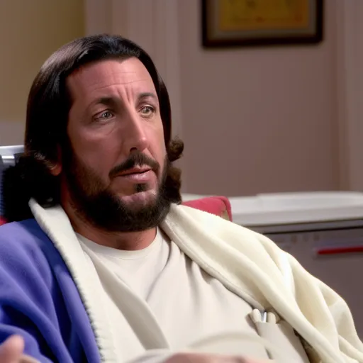 Adam sandler shaking hands with jesus christ in a robe over an operating table during surgery