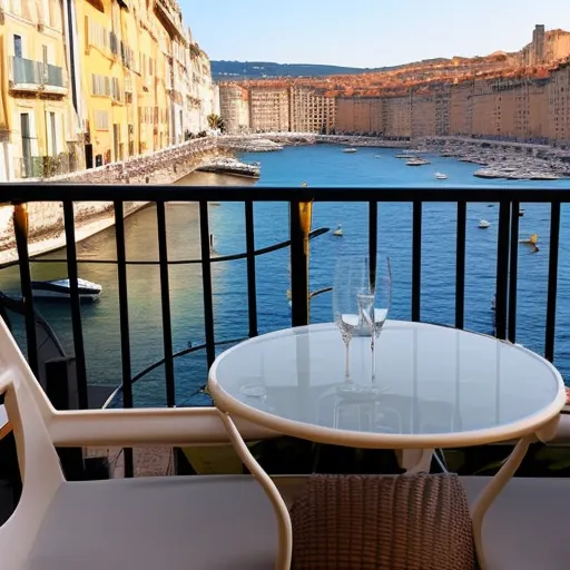 Beautiful sea view from a small balcony of an old building located in Nice harbor, south of France with a glass of red wine and a fruits basket on a small table 