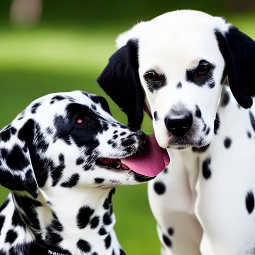 Photo of a dalmatian playing with a small black poodle