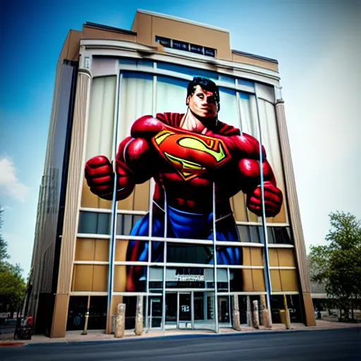 Realistic art of a Super hero lifting a building