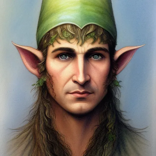 brian froud clean shaven water color pencil drawing wide set eyes, strong jaw, wide nose, sloped forehead, huge elf ears brian froud labyrinth fern vine twigs grass flowers heath