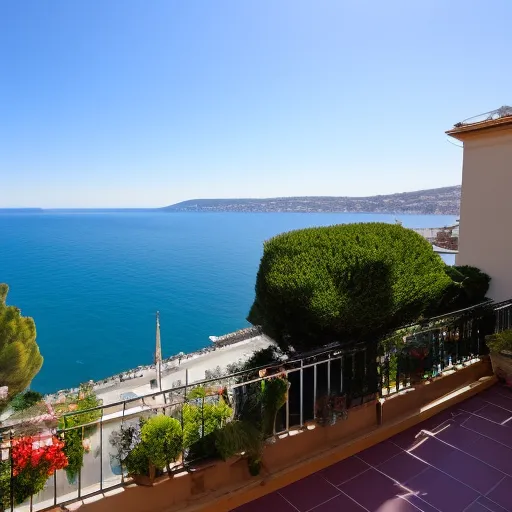 Beautiful sea view from a small balcony of an old building located in Nice, south of France. Should show a glass of red wine