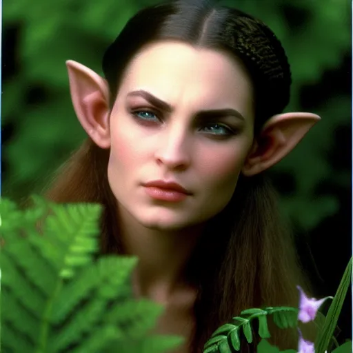wide set eyes, strong jaw, wide nose, sloped forehead, huge elf ears briam froud fern vine twigs grass flowers heath