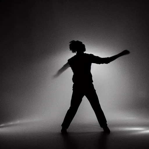 smokey silhouette of someone dancing strobe light black and white