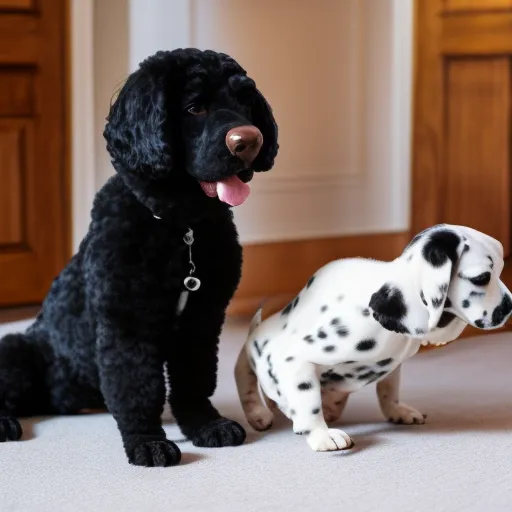 Photo of a dalmatian playing with a black poodle