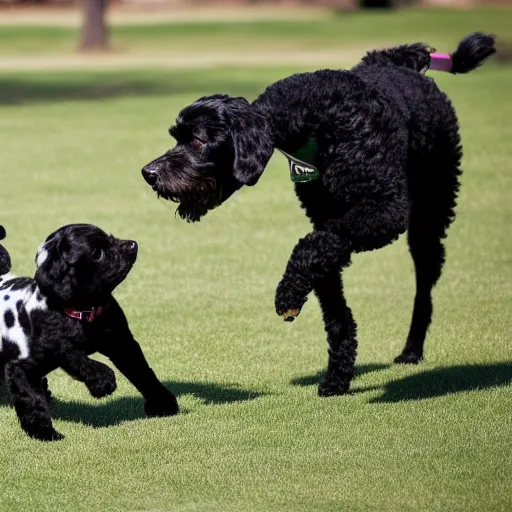Photo of a brown dalmatian playing with a black poodle