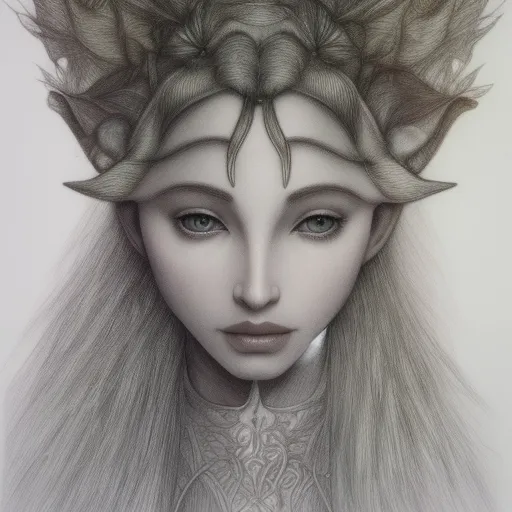 brian froud pencil drawing wide set eyes, strong jaw, wide nose, sloped forehead, huge elf ears brian froud labyrinth fern vine twigs grass flowers heath