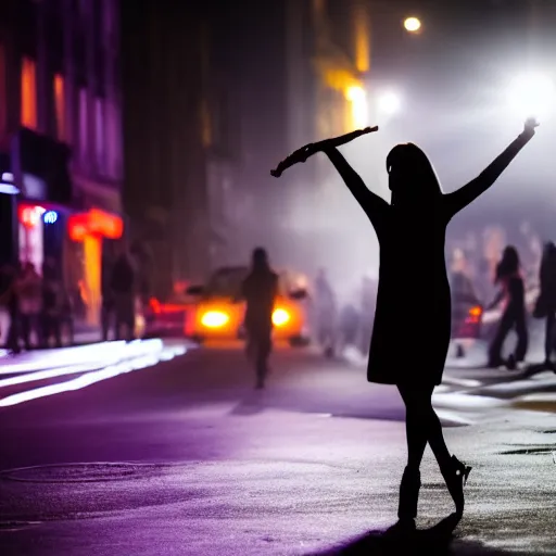dark smokey silhouette of someone dancing in city street painting