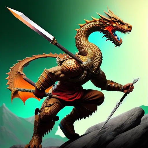Humanoid dragon monk fighting spear mountains ojutai