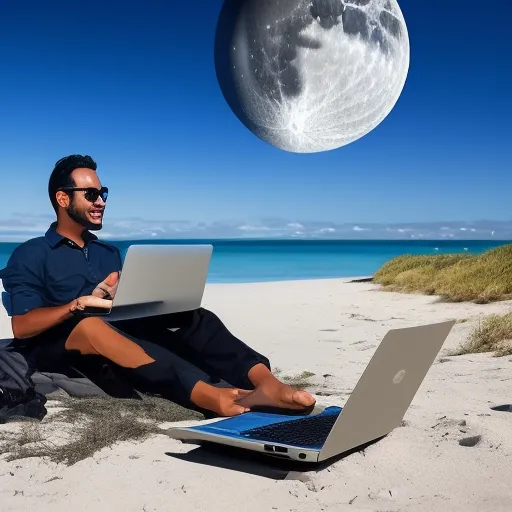 a man on the moon beach on his laptop with his ***friend