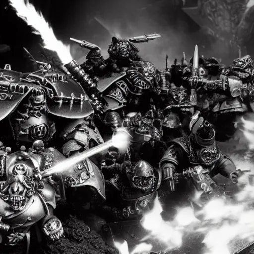 warhammer 40k Ork Warboss black and white realistic high definition action scene battle