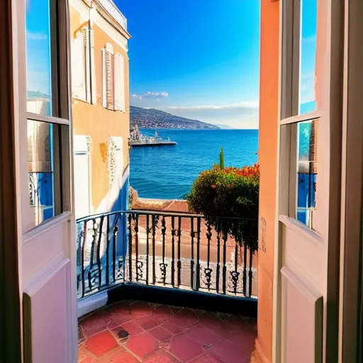 Beautiful sea view from a small balcony of an old building located in Nice, south of France with a glass of red wine and a fruits basket 
