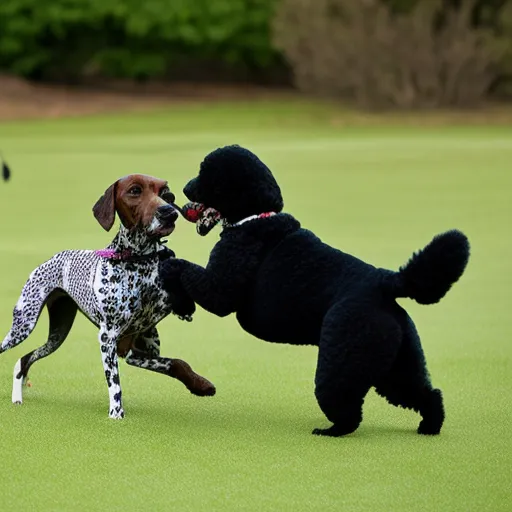 Photo of a brown dalmatian playing with a black poodle