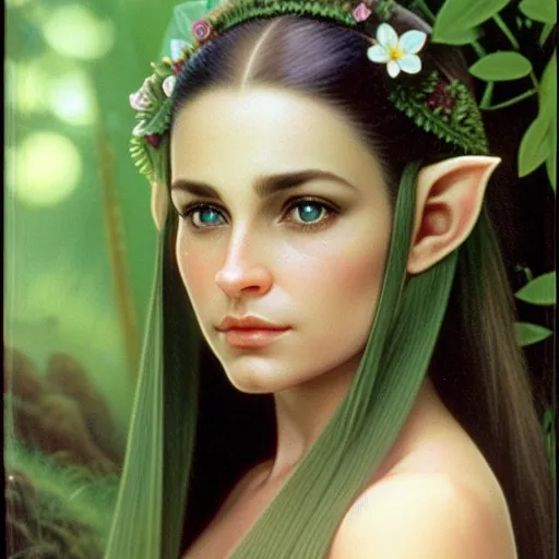 wide set eyes, strong jaw, wide nose, sloped forehead, huge elf ears briam froud fern vine twigs grass flowers heath