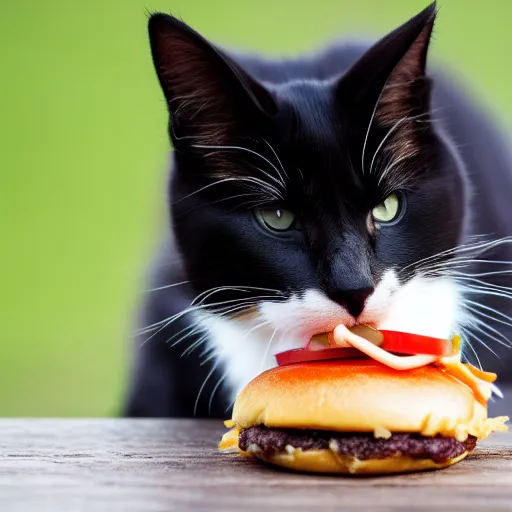 A cat eating a burger