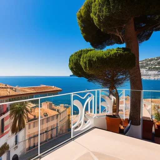 Beautiful sea view from a small balcony of an old building located in Nice, south of France. It should show a glass of red wine and a fruits basket 