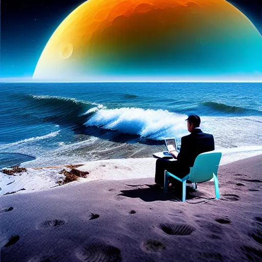 a man on the moon beach on his laptop