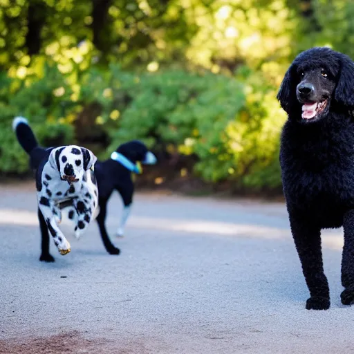 Photo of a dalmatian playing with a black poodle