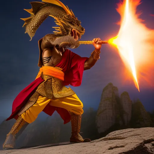 Humanoid dragon monk fighting spear mountains
