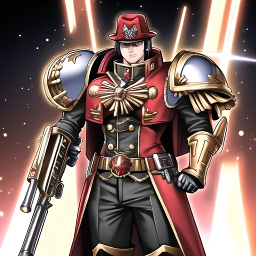 warhammer 40k space marine with overcoat and fedora with gold and silver armor