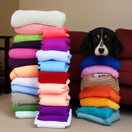 Tower of blankets with a small dog on top