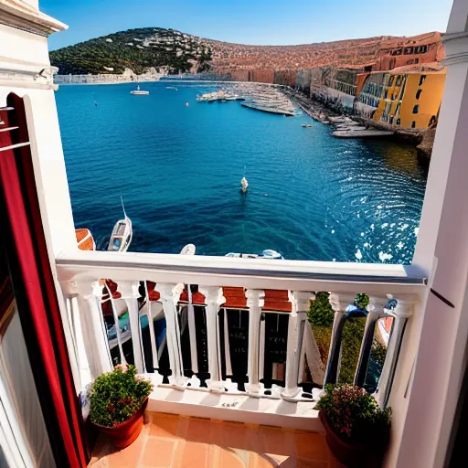 Beautiful sea view from a small balcony of an old building located in Nice harbor, south of France with a glass of red wine and a fruits basket 