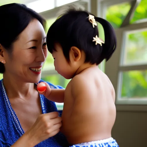 japanese mother, bikini, large chest, feeding son