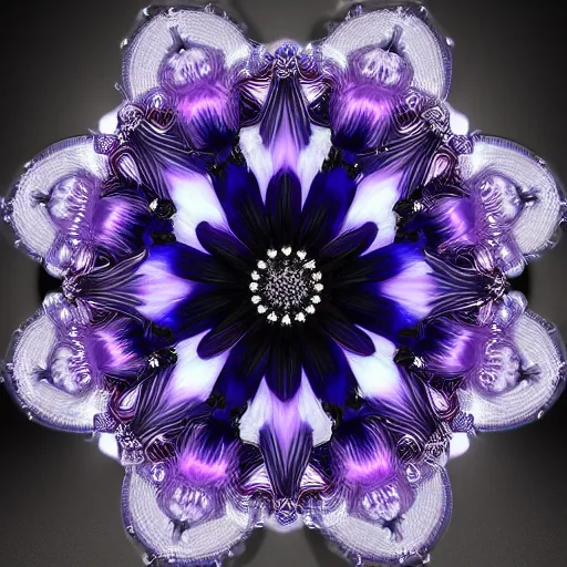 Please create a 2D magical flower with strict axial, vertical, and horizontal symmetry. Use black and purple colors with silver and gray tones for the intricate metal sword and shield details on the corners. The flower should have a dark and mysterious atmosphere with a glowing indigo center and a faint mist. It should also emit a soft purple light from its spiral pinnacles.