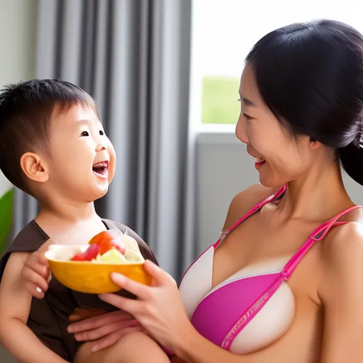 japanese mother, bikini, large chest, feeding son