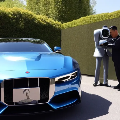 picture of a rich robot taking a picture in front of a luxury car
