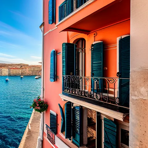 Beautiful sea view from a small balcony of an old building located in Nice harbor, south of France with a glass of red wine and a fruits basket 