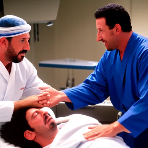 Adam sandler shaking hands with christ in a robe in an operating room during surgery