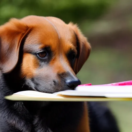 A dog eating homework