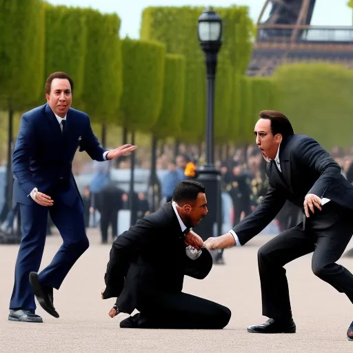 nick cage kicking a terrorist in the nuts at the eiffel tower