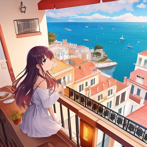 Beautiful sea view from a small balcony of an old building located in Nice harbor, south of France with a glass of red wine and a fruits basket on a small table 