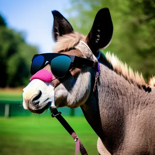 Donkey wearing cool sunglasses and having plaster cast on one leg