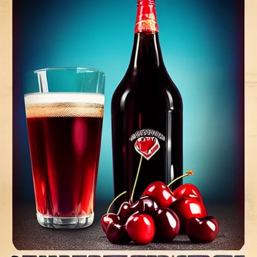 glass of cherry cola with cherries in a retro  style movie poster
