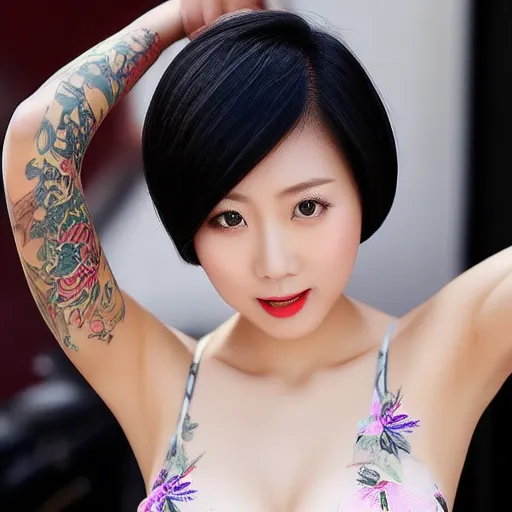 asian woman short hair tattoos wearing bikini