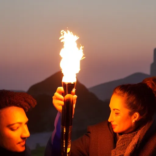 People lighting a sparking torch together