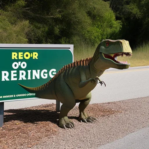 A dinosaur reading a sign