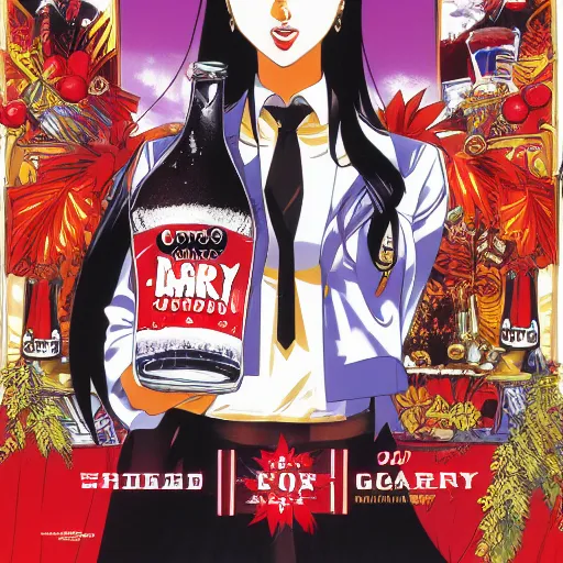glass of cherry cola with cherries in a 90s  style movie poster